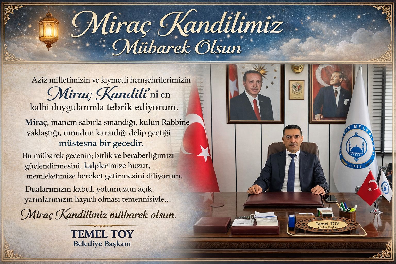 Belediye Başkanımız Temel Toy –  Miraç Kandili Mesajı